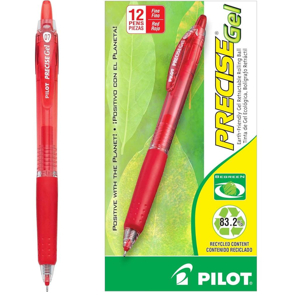 imagePilot Precise BeGreen Refillable ampamp Retractable Gel Roller Pens Fine Point 07 mm Black Pack of 12Red