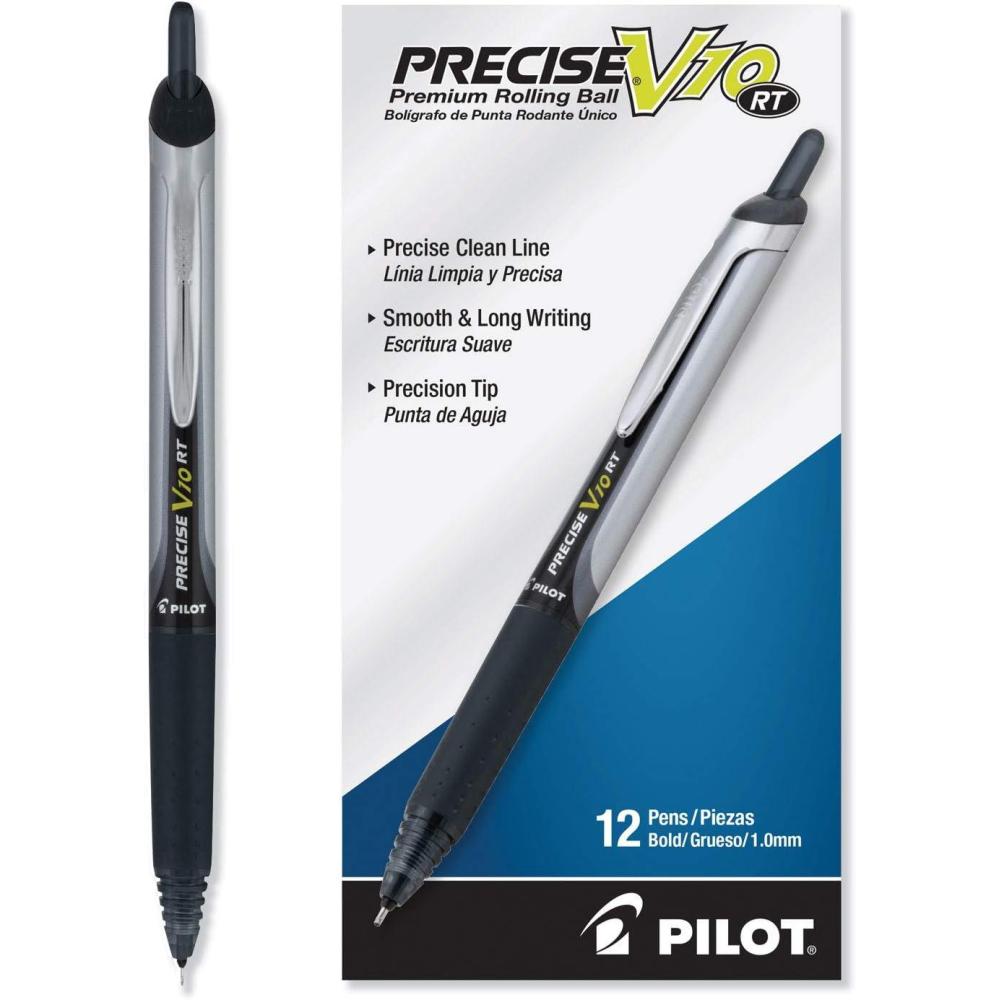 imagePilot Precise V10 RT Refillable ampamp Retractable Rolling Ball Pens Bold Point 1 mm Blue Pack of 12Black