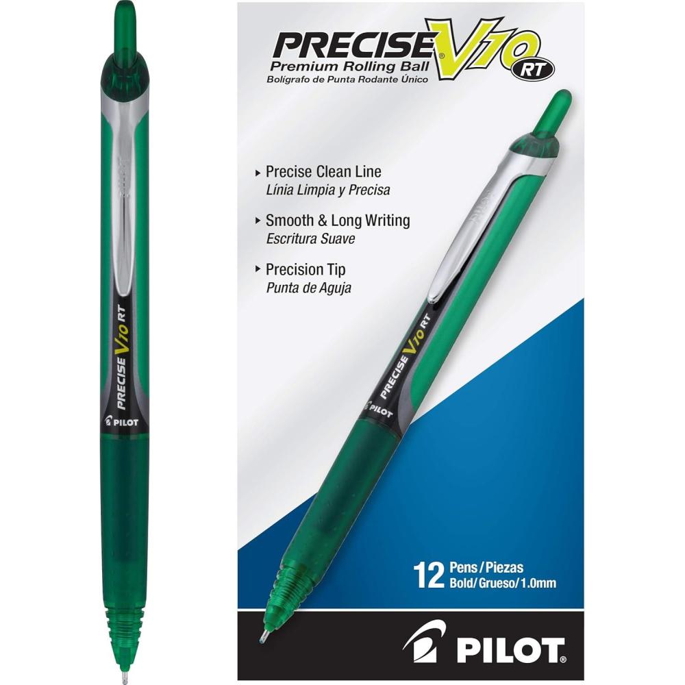imagePilot Precise V10 RT Refillable ampamp Retractable Rolling Ball Pens Bold Point 1 mm Blue Pack of 12Green