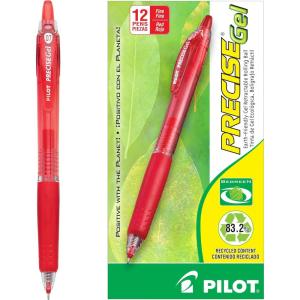 Pilot, Precise BeGreen, Refillable & Retractable Gel Roller Pens, Fine Point 0.7 mm, Black, Pack of 12(Red)