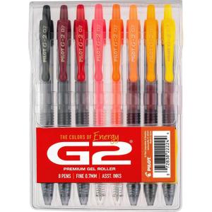 Pilot, G2 Premium Gel Roller Pens, G2 Boost Red/Orange Pack, The Colors of Energy, 8 Pack Pouch, Fine Point 0.7 mm, Assorted