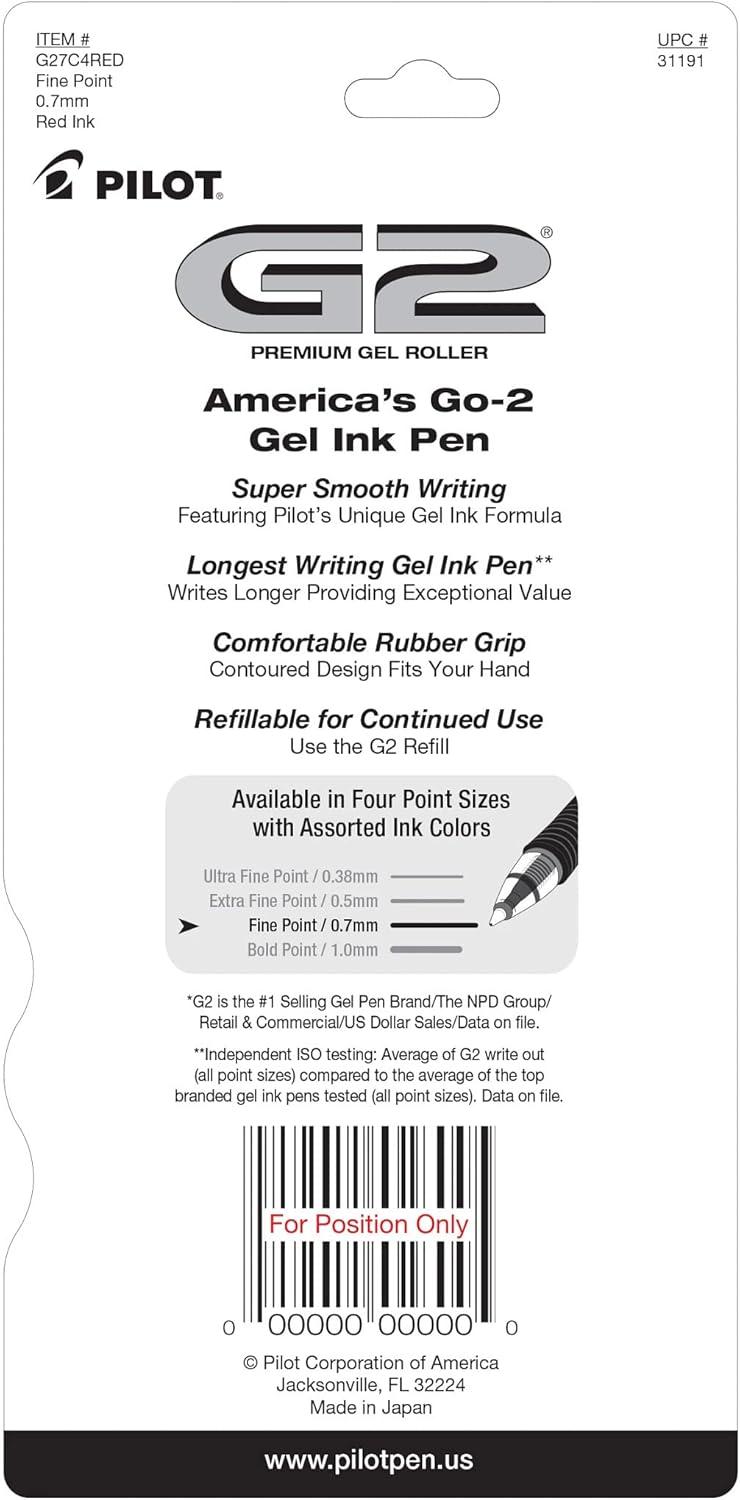 image:imagePilot G2 Premium Gel Roller Pens 07 Fine Point Smooth Writing Pens Black Pack of 4Red