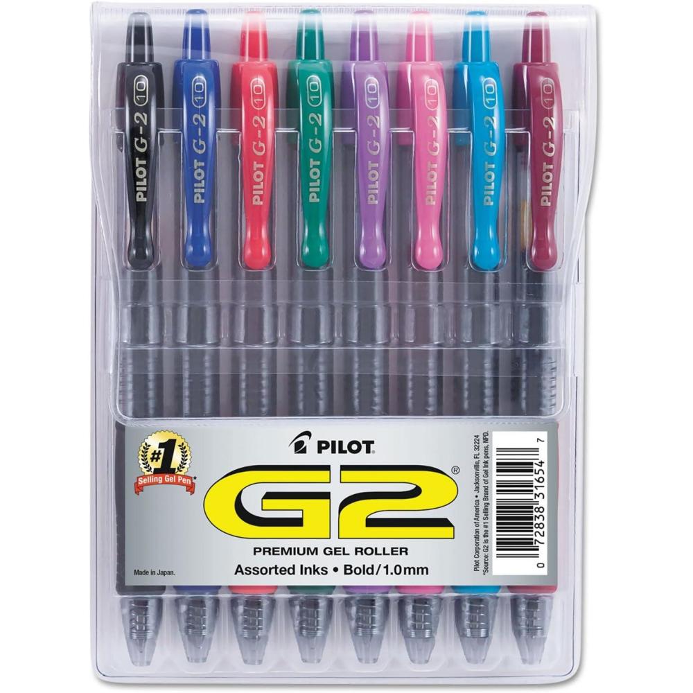 image:imagePilot G2 Premium Retractable GelInk Rolling Ball Pens Bold Point 10mm 10 Gel Pens Assorted 8Pack Ideal for School Journaling amp Office Writing1 Count Pack of 8