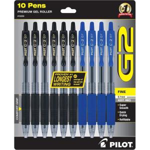 PILOT G2 Premium Refillable & Retractable Rolling Ball Gel Pens, 0.7mm Fine Point, 6 Black and 4 Blue Pens (Pack of 1, 10 Count Total)(Black & Blue)