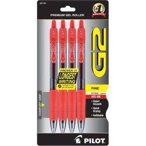 Pilot G2 Premium Gel Roller Pens 0.7, Fine Point Smooth Writing Pens Black, Pack of 4(Red)