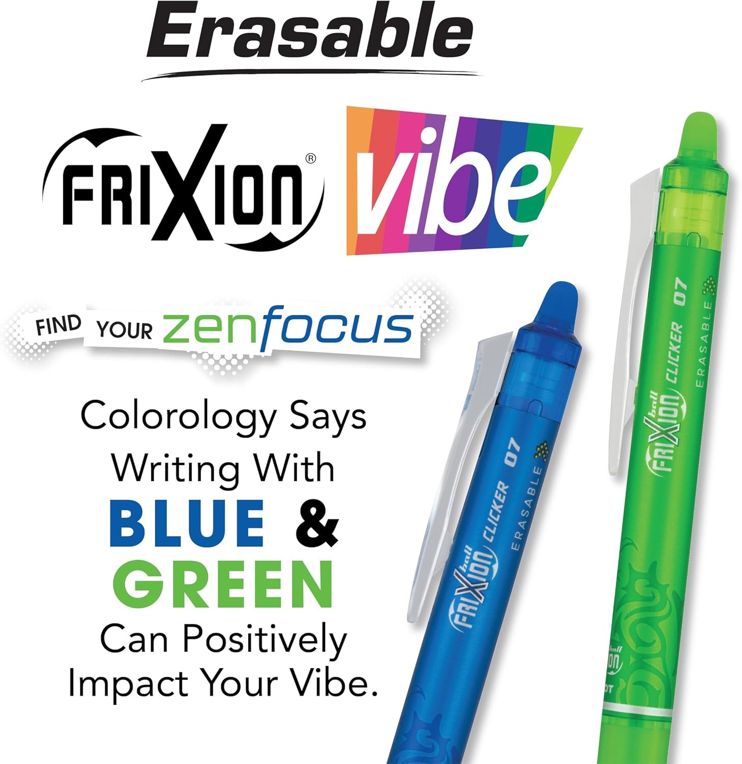 image:imagePilot FriXion Vibe Clicker Premium Erasable Gel Ink Pens Find Your ZenFocus Vibe Calm amp Confident Colors 7 Pack Fine Point 07 mm Assorted BlueGreen InksZenFocus