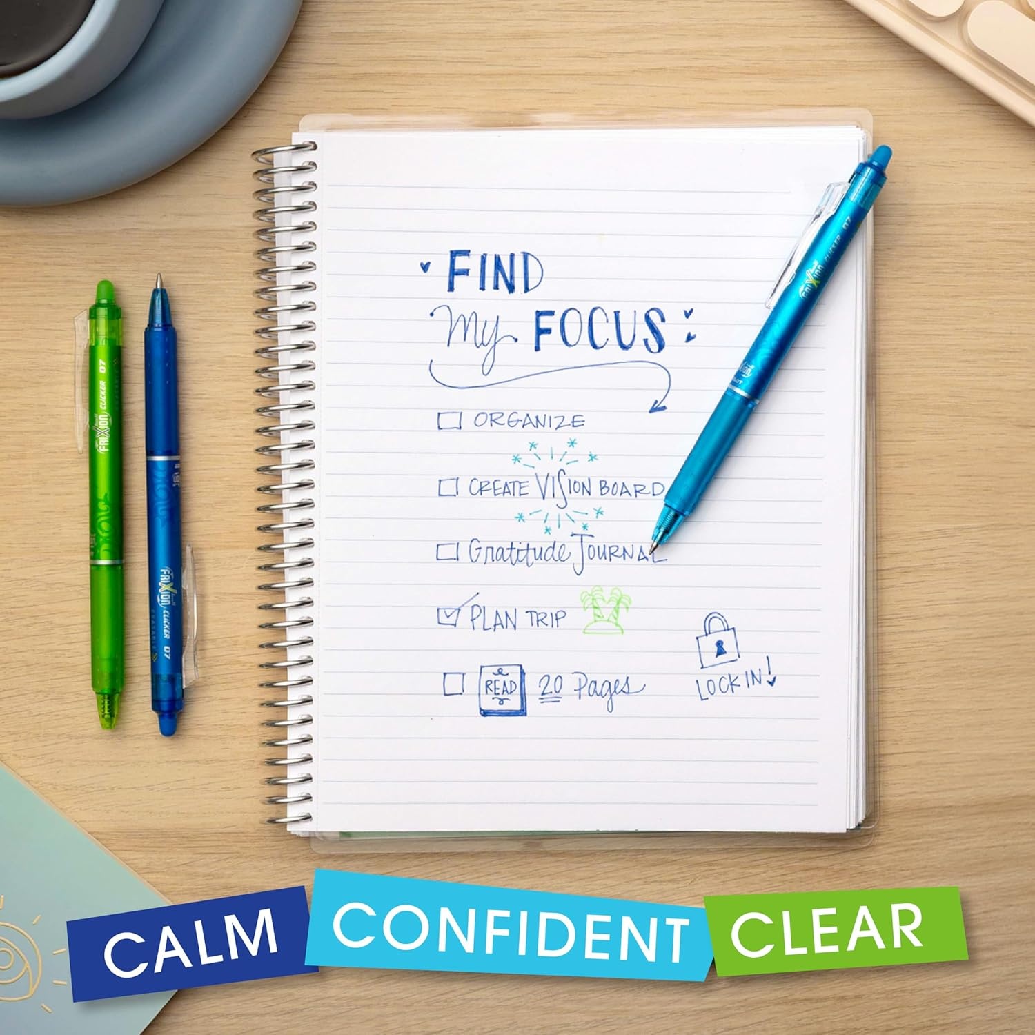 image:imagePilot FriXion Vibe Clicker Premium Erasable Gel Ink Pens Find Your ZenFocus Vibe Calm amp Confident Colors 7 Pack Fine Point 07 mm Assorted BlueGreen InksZenFocus