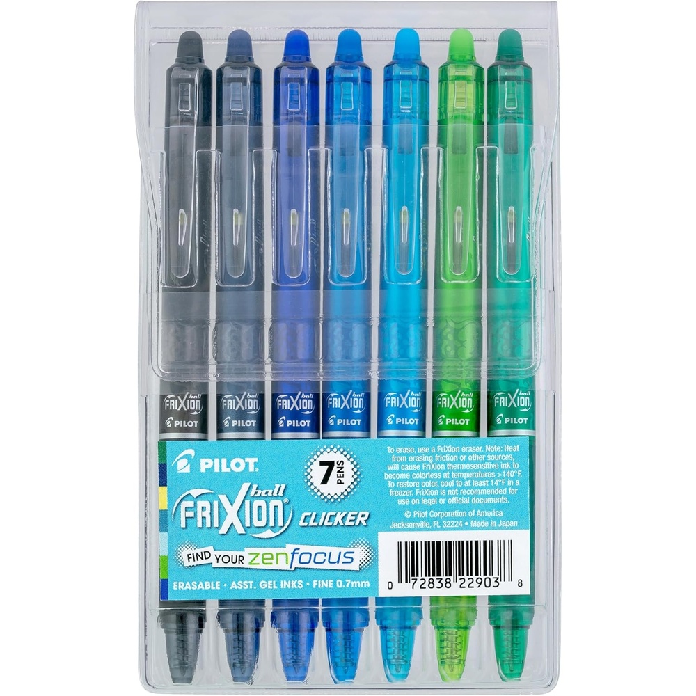 image:imagePilot FriXion Vibe Clicker Premium Erasable Gel Ink Pens Find Your ZenFocus Vibe Calm amp Confident Colors 7 Pack Fine Point 07 mm Assorted BlueGreen InksZenFocus