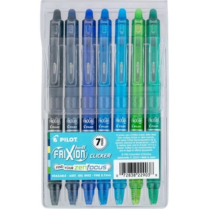 Pilot, FriXion Vibe Clicker Premium Erasable Gel Ink Pens, Find Your ZenFocus Vibe, Calm & Confident Colors, 7 Pack, Fine Point 0.7 mm, Assorted Blue/Green Inks(ZenFocus)