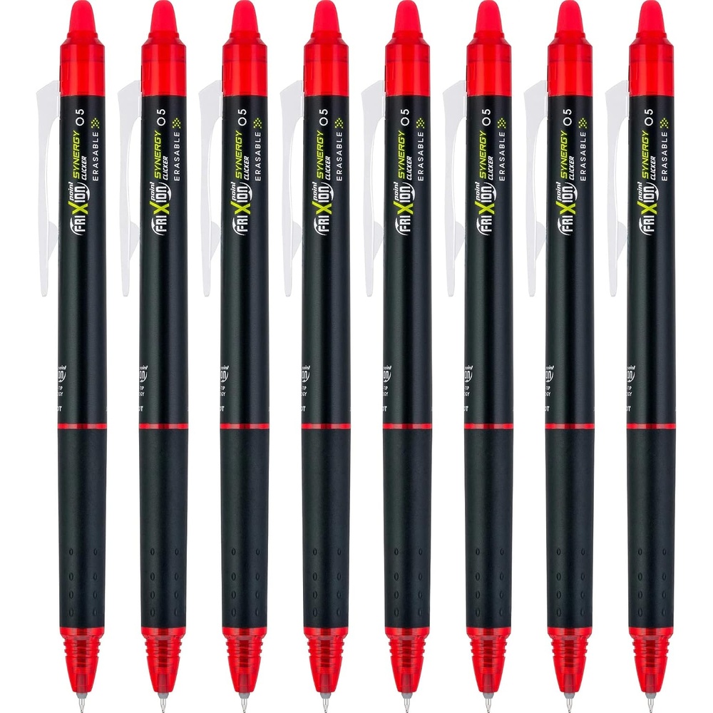 image:imagePilot FriXion Synergy Clicker Erasable Refillable Retractable Gel Ink Pens Extra Fine Point 05 mm Pack of 8 Black FriXion Erasable Pens 05  Ideal for School amp Office WritingRed